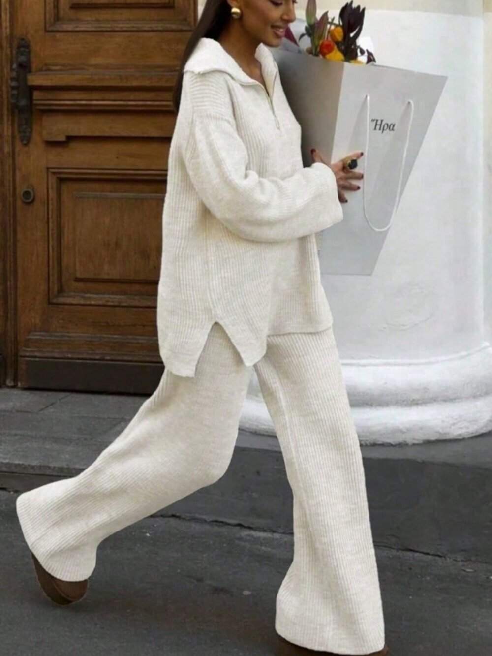 Casual Women's Sweater Set with Lapel Long Sleeve Top and High Waist Pants